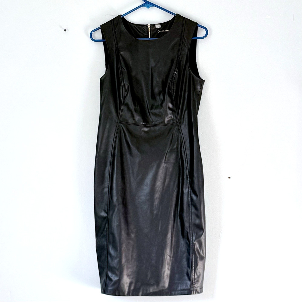 Calvin Klein Faux Leather Dress Size 10 Black Sleeveless Sheath Knee Length